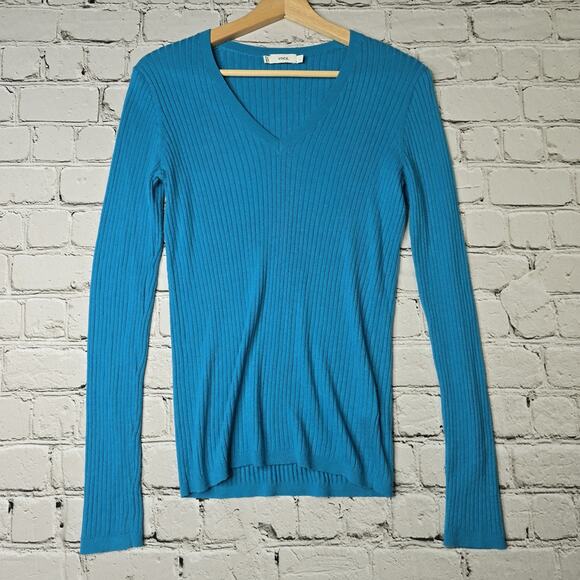 Vince Skinny Ribbed V-Neck Long Sleeve Sweater Cashmere Blend Blue Size Large - Picture 1 of 11